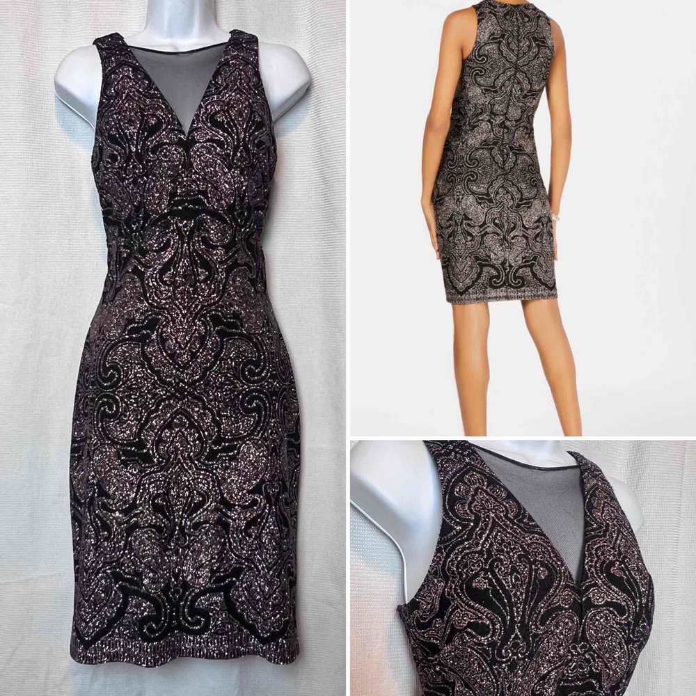 Nightway Black Size 8 Sleeveless V-Neck‎ Sheath Sequin Glitter Bodycon Dress